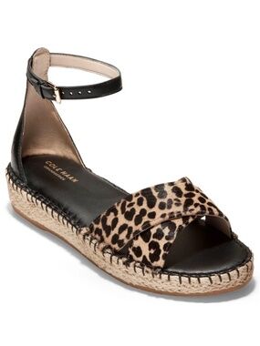 COLE HAAN CLOUDFEEL LEOPARD PRINT BLACK LEATHER Ankle Strap ESPADRILLE SANDALS